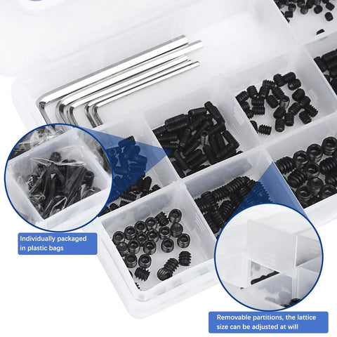 585Pcs Metric Allen Set Screws Kit In Alloy Steel with internal hex drive and wrenches, organized in a storage box
