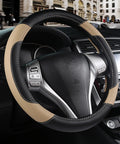 Top Shelf Leather Steering Wheel Cover Universal For Almost Every Ride Easy Swap Non Slip Beige Auto Accessory on a steering wheel.