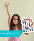 Girl holding 50 State Flags Of The USA Wall Art Pack For Classrooms And Home Study Updated Modern Social Studies Charts And Posters
