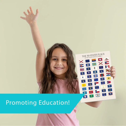 Girl holding 50 State Flags Of The USA Wall Art Pack For Classrooms And Home Study Updated Modern Social Studies Charts And Posters