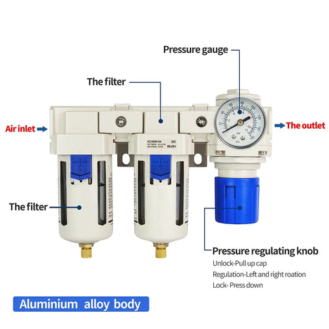 1/2 Inch NPT Compressor Air Dryer And Double Filter Regulator Combo With Brass 5 Micron Element, Gauge, and Poly Bowl