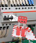 All In One Lockout Tagout Kit with Electrical LOTO hasps and safety padlocks securing a circuit breaker