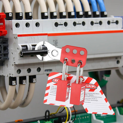 All In One Lockout Tagout Kit with Electrical LOTO hasps and safety padlocks securing a circuit breaker