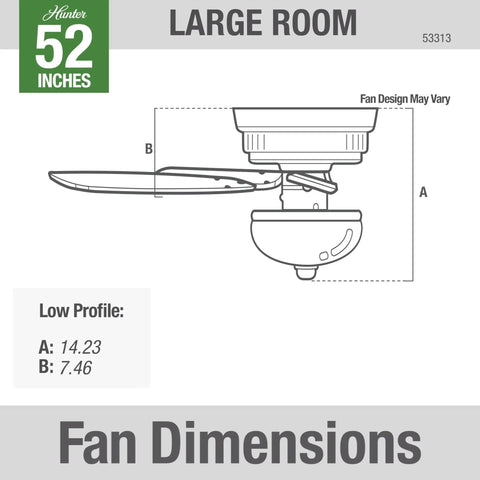 Diagram showing dimensions of 52 Inch Indoor Ceiling Fan With LED Light White Fresh Finish Low Profile Flush Mount Pull Chain