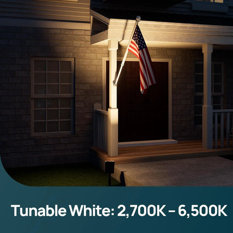 Smart Solar Spotlight Kit With Lit Color Changing Landscape Lighting App And Voice Control Outdoor IP67 Waterproof Pathway Lights illuminating a porch