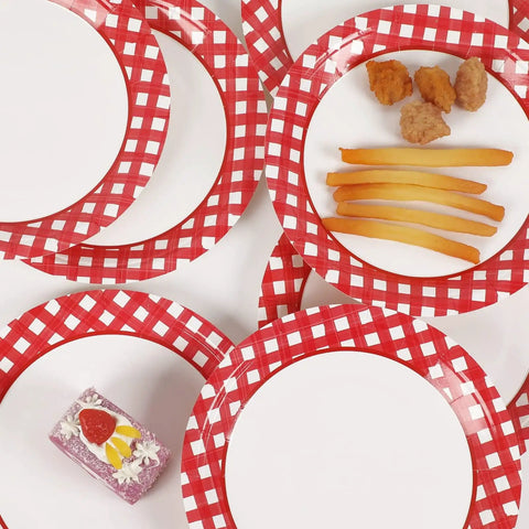 48 Pack Red And White Checkered Disposable Paper Plates For Backyard Kickbacks with food display on a table setting.