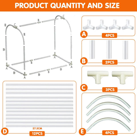 Assembly guide for Mini Indoor Outdoor Greenhouse Grow Light Kit with metal tabletop frame components labeled A to E.