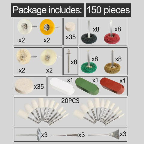 150-Piece Polishing Buffing Wheel Set For Rotary Tool With 3mm Shank, showing various abrasive wheels and polishing tools