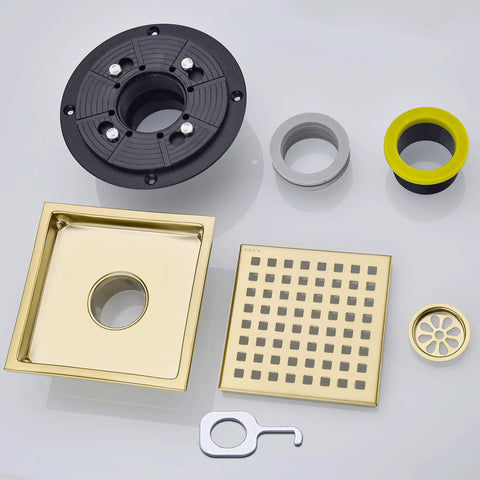 Six Inch Brushed Gold Stainless Square Shower Drain Kit With Tile Insert Grate Removable Low Profile Flat Cover And Threaded Adapter For No Hub Drain Base System High Flow 2 Inch Outlet components displayed