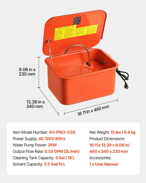 Portable 5 Gallon Steel Parts Washer With Electric Pump, 3.5 Gallon Auto Parts Cleaning Station, flexible gooseneck sprayer inside open lid.