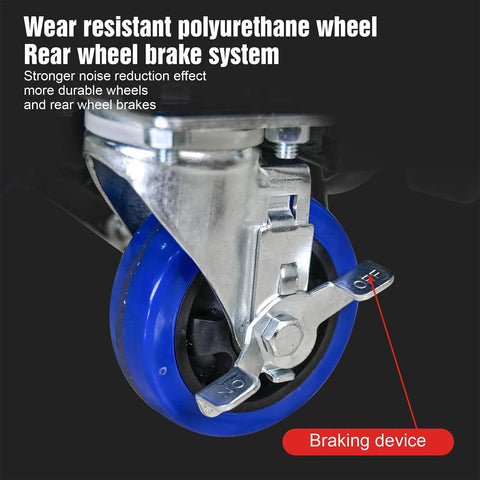 Close-up of blue caster wheel with brake lever on metal frame of hydraulic lift trolley