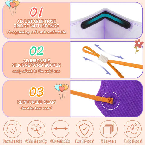 Image showing features of Kids KN95 Masks 50 Pack 5 Layer Disposable Face Masks In Multicolor Purple Orange Yellow Green Blue with adjustable ear loops.