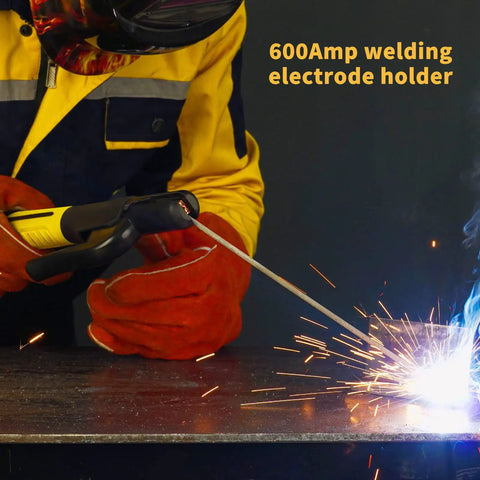 Person using 600 Amp Welding Electrode Holder Lead Assembly For ARC Stick Welder With Copper Heavy Duty Jaw Clamp sparking on metal