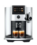 Premium Fully Automatic Chrome Espresso Coffee Machine Featuring A Hella Smooth Four Point Three Inch Smart Touchscreen Display For Twenty Seven Freshly Ground Drinks with dual glasses of espresso.