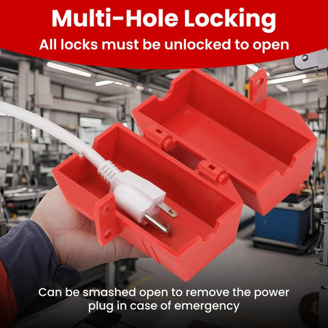Industrial Grade Electric Plug Lockout Device for 110V to 125V Cords, open red ABS lockout case in hand