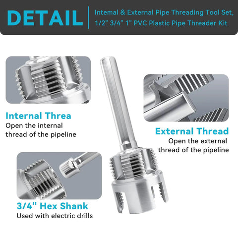 Dual Function Pipe Threader Tool For 1/2 Inch Plastic Pipes, Internal And External Threading, Drill Compatible To Speed Up Work, Heavy Duty Alloy Steel Construction, Pro DIY Pipe Fitting Tool, 3/4 hex shank