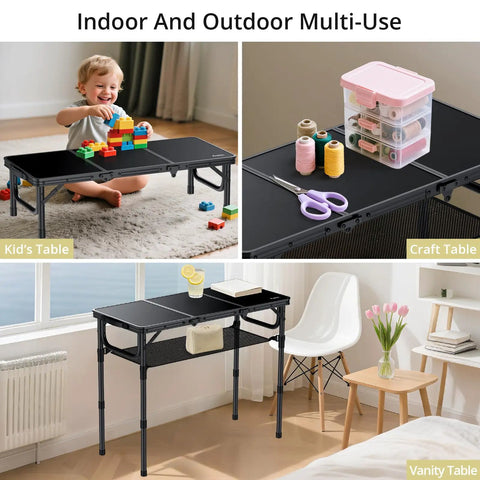 Tri Fold Aluminum Camping Table With Storage Net in kid's playroom, as craft table with supplies, and in bedroom setup.