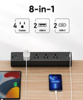 8 In 1 Desk Clamp Power Strip With USB-C PD 20W Fast Charging, Plug And Play, 2 USB-C, 2 USB-A, 4 AC Outlets shown on desk
