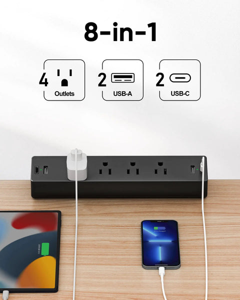 8 In 1 Desk Clamp Power Strip With USB-C PD 20W Fast Charging, Plug And Play, 2 USB-C, 2 USB-A, 4 AC Outlets shown on desk