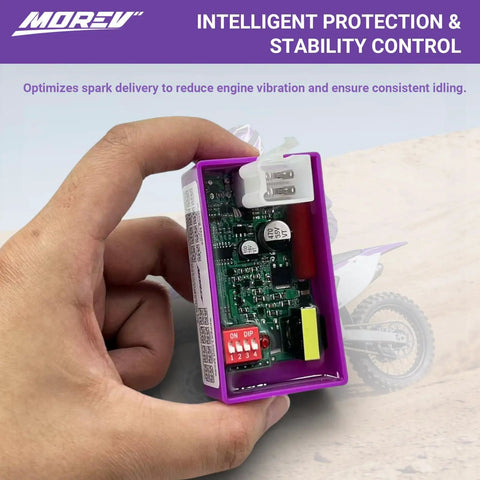 Hand holding 4 Pin DC CDI Ignition Module Replacement For ATV Dirt Bike Scooter And Go Kart With Dual DIP Switch Plug And Play Compatibility