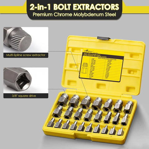 25-Piece Double Head Screw Extractor Set For Stuck Screws And Bolts, 3/8 Inch Drive, 2-In-1 Easy Out Bolt Remover, Premium CR-MO Steel Rounded Tips, Quick Wrench Connect, Heavy Duty Diy And Automotive Tool Kit