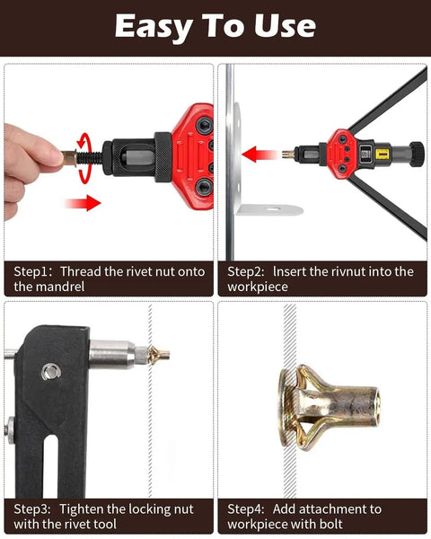 Beefy 50 Pack Multi Grip Rivet Nut Kit With 5/16-18 Steel Rivet Nuts, step-by-step installation instructions shown