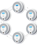 Killer Combo Wireless Photoelectric Smoke And CO Detector 6 Pack Bundle With Seamless Interconnected Alerts showing six white detectors on walls.