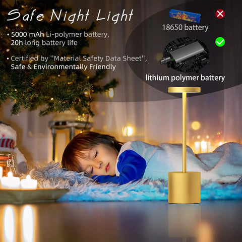 Two Pack Cordless Table Lamp Set with 5000mAh Rechargeable Battery, gold lamp by sleeping child, candles in background