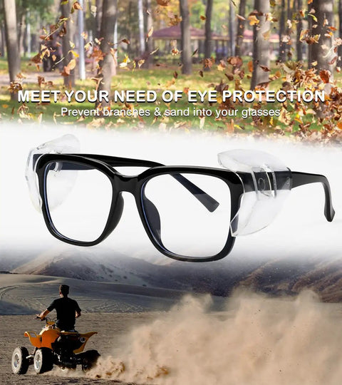Slip On Side Shields For Prescription Glasses No Slip Eye Protection Shields, clear TPU, on black frames outdoors scene
