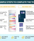 Twenty In One Drinking Water Test Strips Fast Home Analysis For Ph Hardness Lead Iron Copper Chlorine And Bacteria instructions with test samples and container.