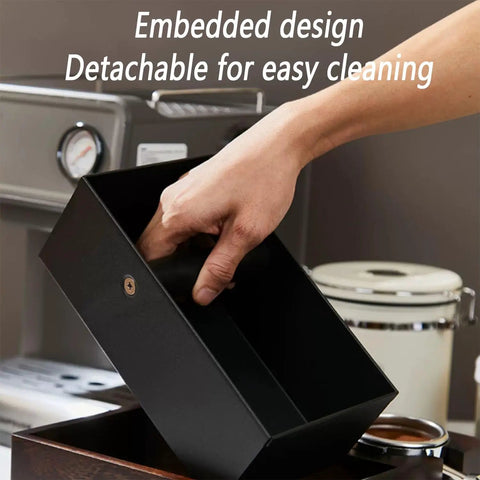 Heavy Duty Espresso Knock Box With Dedicated Tamper Dock Solid Wood Grind Catch Cup No Sweat Dosing Tray For A Clean Home Barista Kitchen Counter Setup, person lifting detachable black box
