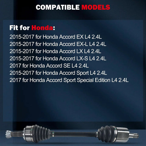 Front Left CV Axle Shaft Assembly For Honda Accord 2008 To 2015 Civic And Acura Tsx compatible models listed on a background.