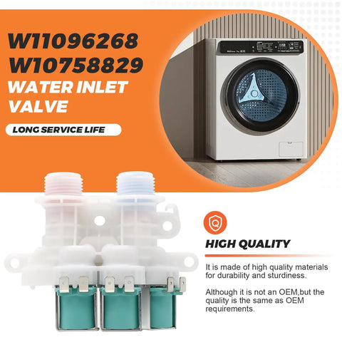 Premium Water Inlet Valve Dual Port Replacement For Top Load Washers 1.06 Inch Fittings Exact Fit W11096268 W10758829 Compatible With Major Washer Models WTW7300DW1 WTW8500DC5 Easy Install And Durable Performance For Steady Water Flow, dual-port valve shown with washer use