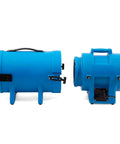 Side and front view of 8 Inch 1/3 HP High Pressure Axial Blower Fan for Ventilation with 25 Foot Hoses and Canister Delivers 1000 CFM.