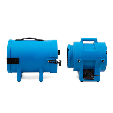 Side and front view of 8 Inch 1/3 HP High Pressure Axial Blower Fan for Ventilation with 25 Foot Hoses and Canister Delivers 1000 CFM.