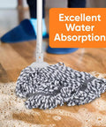 No Fuss Grey String Microfiber Mop Replacement Head Snap Tight Fit For Self Wringing Handle on hardwood floor with water.