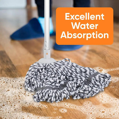No Fuss Grey String Microfiber Mop Replacement Head Snap Tight Fit For Self Wringing Handle on hardwood floor with water.