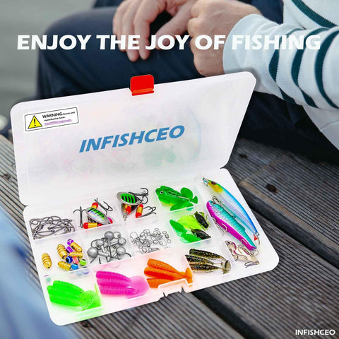Open tackle box showcasing All In One 71 Piece Fishing Lure Kit For Saltwater And Freshwater Bass Angling on wooden surface.