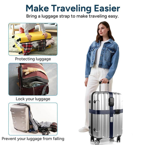 Two Pack Navy Blue Luggage Straps With TSA Lock Heavy Duty Adjustable Cross Travel Belt Anti Theft Suitcase Straps TSA Approved Name Tag Window on a suitcase next to a person in denim.
