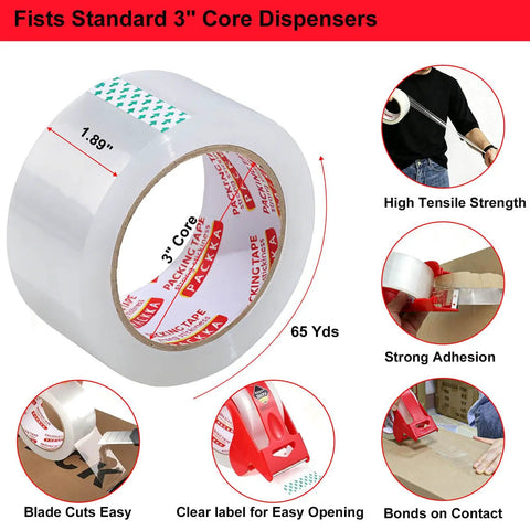 Heavy Duty Packing Tape For Moving And Packaging, Clear 65 Yard Rolls With Built In Dispenser And Utility Knife, 1.89 In X 65 Yd
