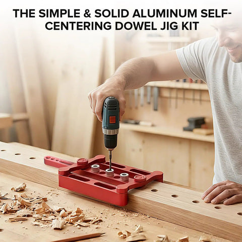 Self Centering Doweling Jig Kit For Woodworking Joinery With 6mm 8mm 10mm Dowel Holes, Steel Bushings, Adjustable Locator Tool in use