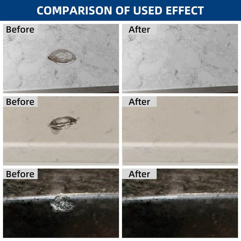 Comparison of used effect before and after using All In One Tile, Granite And Countertop Repair Kit For Chips, Dents, Cracks And Scratches.