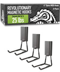 Image of 4 Inch Open Magnetic Hooks Set For Steel Surfaces Heavy Duty 25 Pound Hold With Patented Easy Release And Non Slip Grip Ideal Storage And Organization For Garage Shed Home Cleaning Tools 3 Pack, showing three black hooks and packaging.