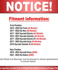 Fitment information notice for front and rear wheel hub bearings for various Hyundai and Kia models, including year ranges.