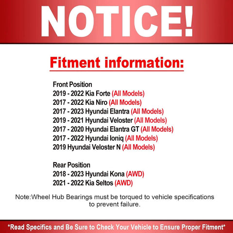 Fitment information notice for front and rear wheel hub bearings for various Hyundai and Kia models, including year ranges.