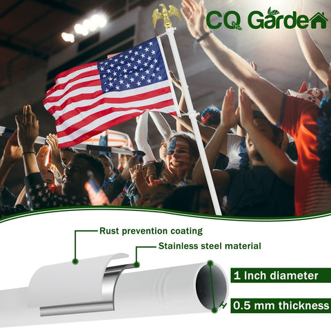Sturdy 6 Foot Stainless Steel Garden Flag Pole Kit With Holder For Outdoor Use Includes 3x5 US Flag And Eagle Topper in use at an event