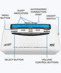 Front view of WR120B NOAA Emergency Weather Alert Radio with alert indicators, buttons, and digital display showing 'Tornado' warning.