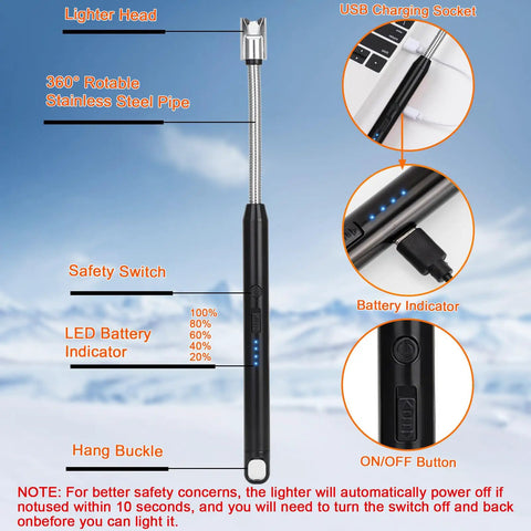 Electronic lighter with 360-degree rotatable stainless steel pipe, LED battery indicator, USB charging socket, and safety switch