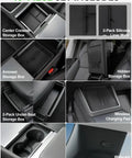 Detail of Tesla Model Y Juniper 10-Piece Center Console Organizer Tray Set for 2025 2026 with storage boxes and accessories