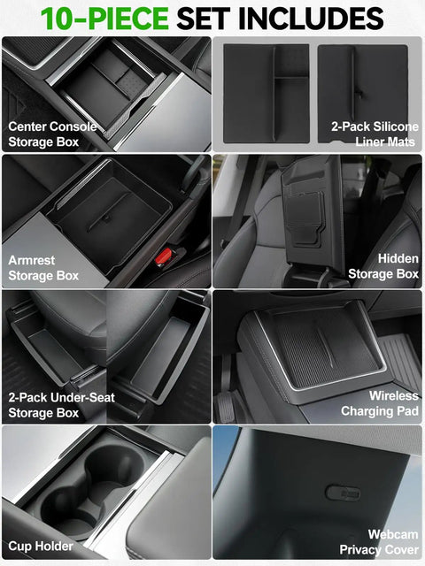 Detail of Tesla Model Y Juniper 10-Piece Center Console Organizer Tray Set for 2025 2026 with storage boxes and accessories